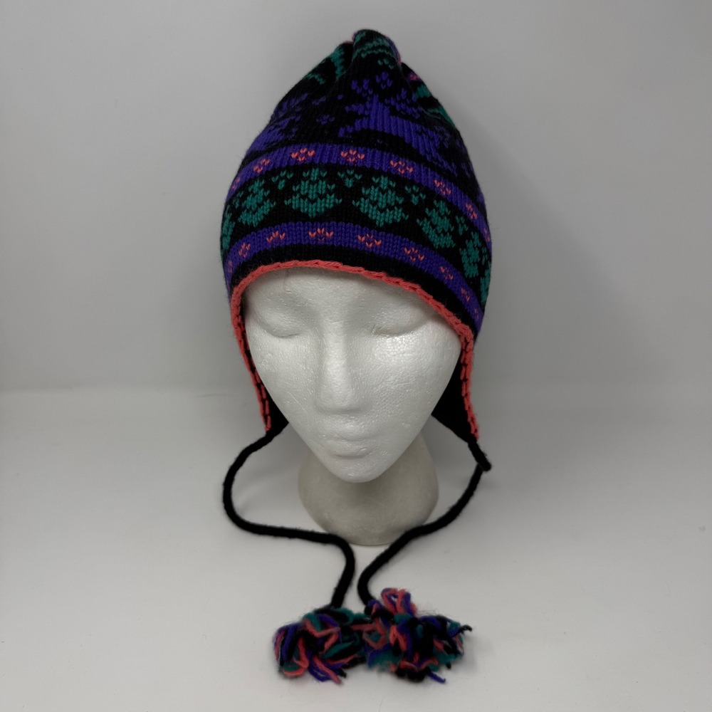Hood Hats 100% Wool Peruvian Beanie Reindeer Fair Isle Earflap Hat Purple Size S